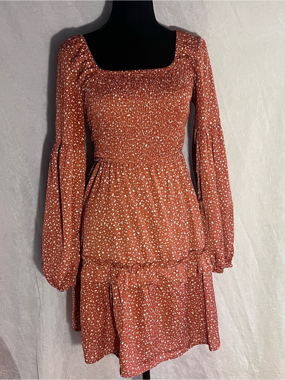 Rust Smocked Long-Sleeve Tiered Mini Dress